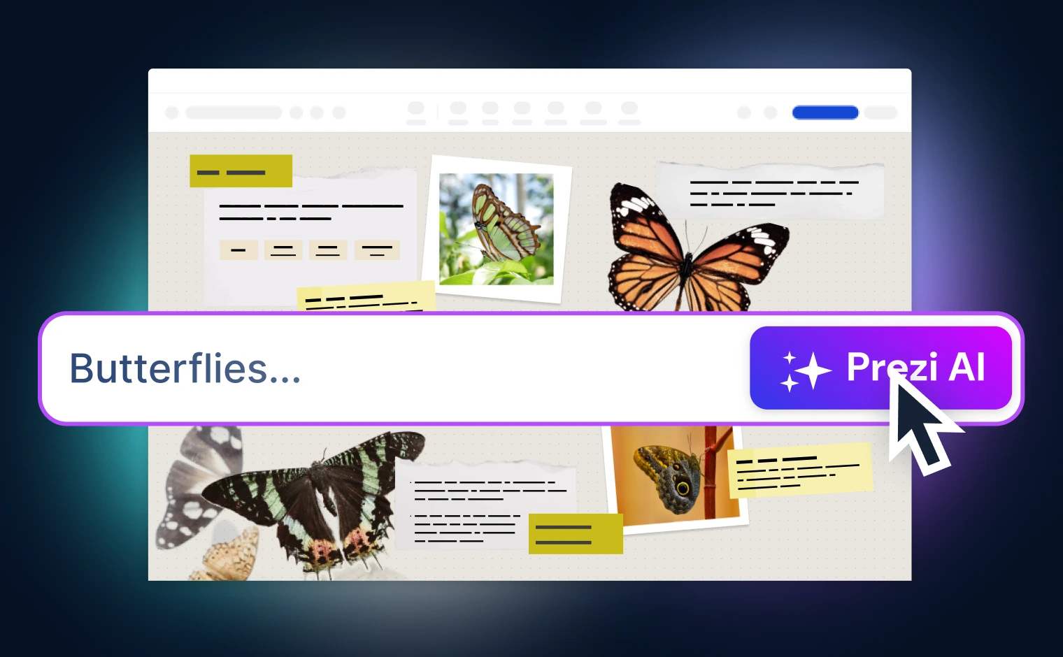 Tomorrow Problem — Prezi AI search bar mockup with butterfly reference photos