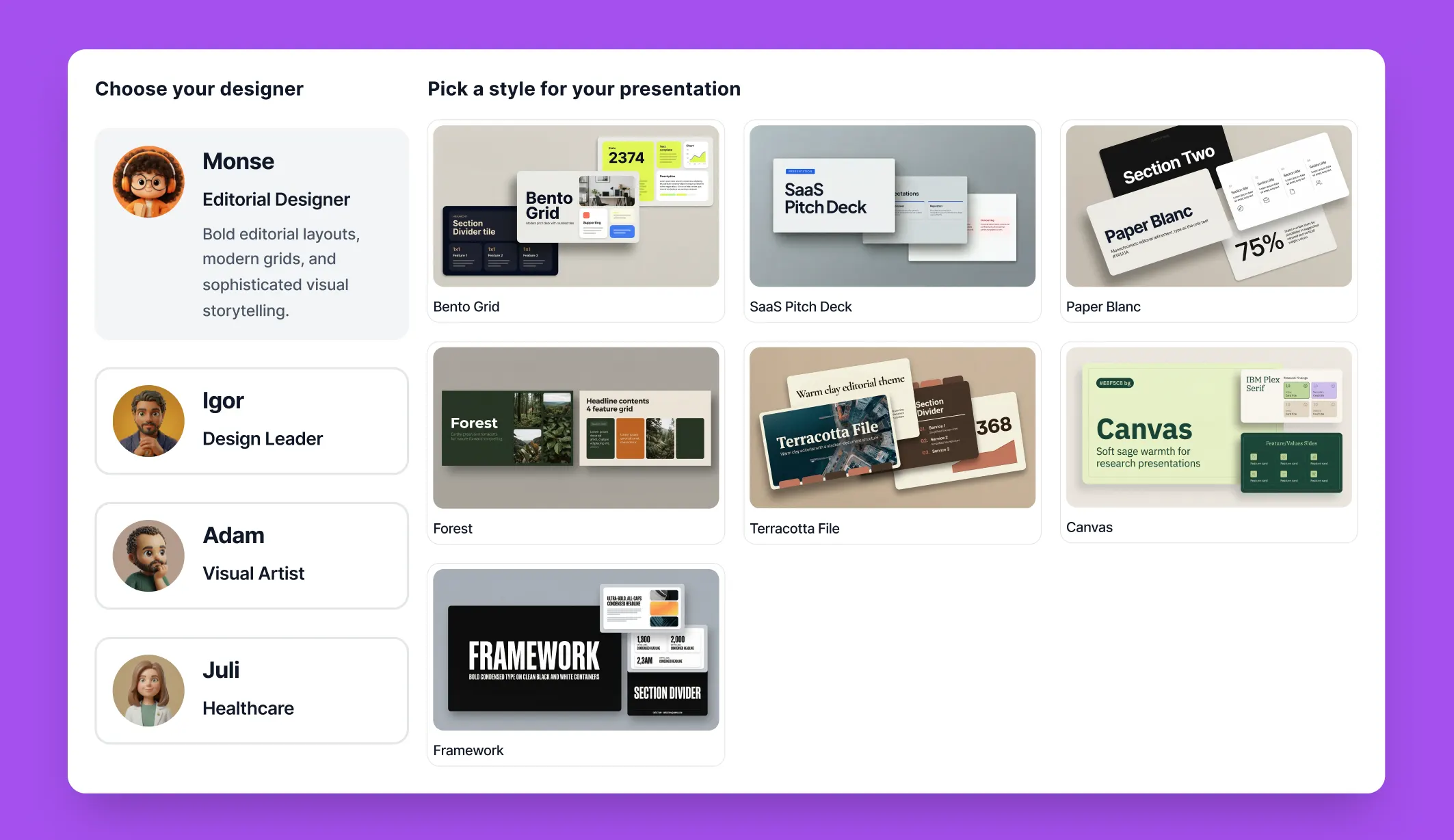 Prompted style — pick a designer and style picker